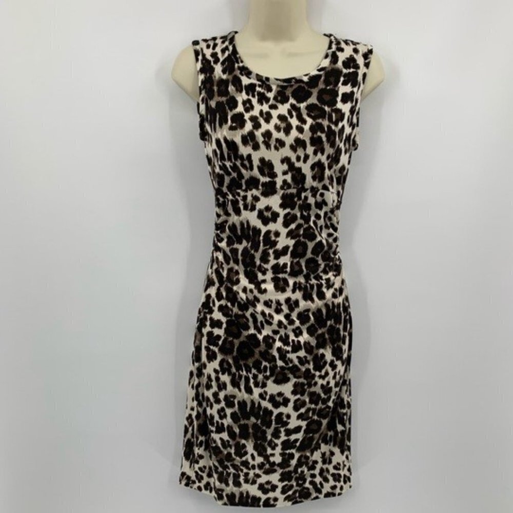 Diane Von Furstenberg Black and Beige Leopard Print Sleeveless Sheath Dress